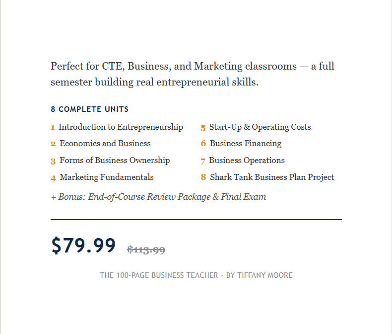 Entrepreneurship course description: 8 units including a Shark Tank Business Plan project, $79.99 Entrepreneurship course description: 8 units including a Shark Tank Business Plan project, $79.99